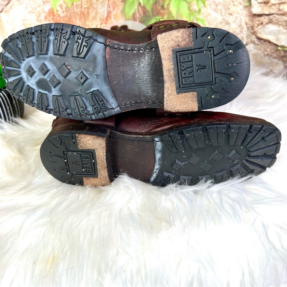 FRYE Heath Disc Harness Distressed Cognac Leather Boots, Beautiful Patina, 6B - Picture 15 of 16